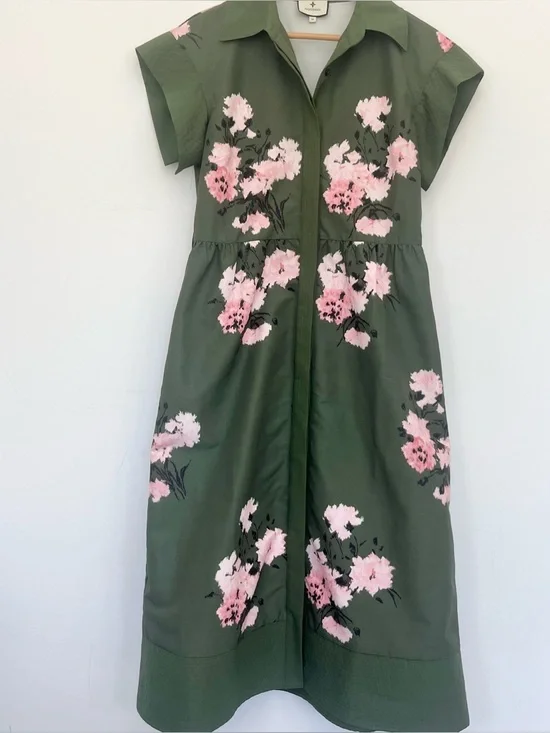 Tuckernuck Olive and Pressed Chloe Green Pink Floral Midi Dress Wide Sleeves Med - Picture 7 of 15